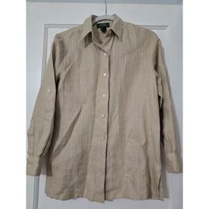 Lauren Ralph Lauren Linen Top size SP Khaki Pinstripe Collar Button Up Logo